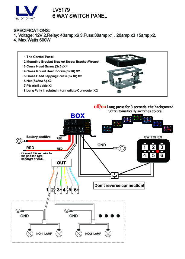 6 way Switch Panel 12V 60A incl Relay Box