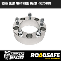 50mm Roadsafe Billet Alloy Wheel Spacers - 5x150mm PCD, M14x1.5 Suits Toyota Landcruiser 76/78/79/100/105 Series